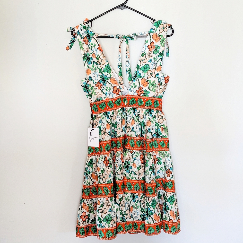 Japna - Sundress Mini Fit and Flare Deep-V off-White, Green, Orange Small - Picture 3 of 12